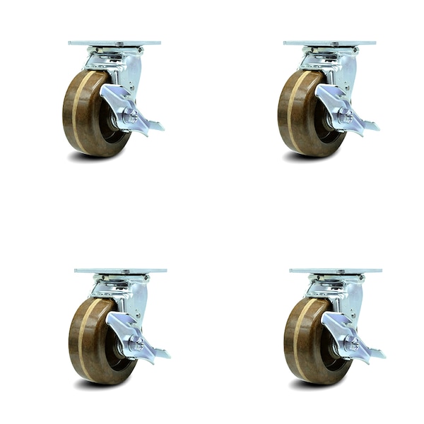 5 Inch High Temp Phenolic Caster Set with Roller Bearings and Brake/Swivel Lock
